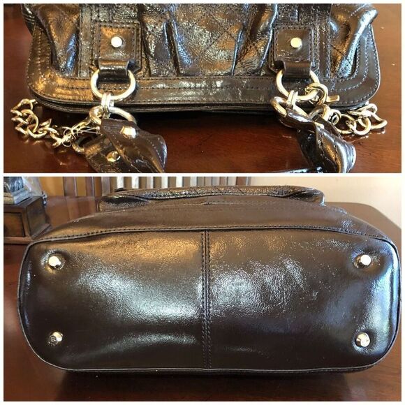 ELLIOTT LUCCA - "Helena" Quilted Brown Patent Cow Leather Satchel/Shoulder Bag - Picture 3 of 16